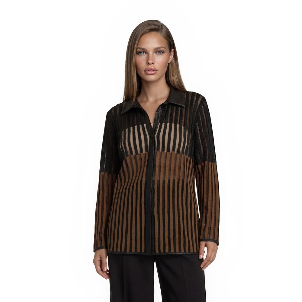 Vintage Kanar Leather Jacket Womens Size Medium Black Brown Mesh Striped Y2K 80: